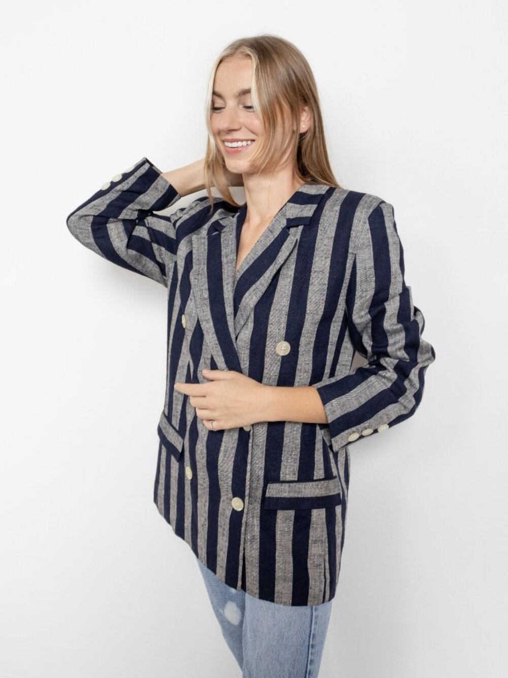 STRIPE LINEN BLAZER Double Breasted Vintage Small - Picture 3 of 10